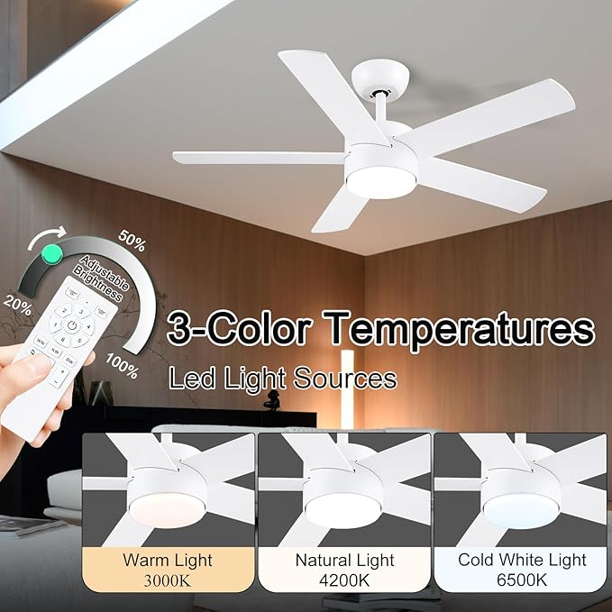 POCHFAN 42 inch White Ceiling Fans with Lights and Remote, LED Dimmable 3 CCT Temperatures 6-Speed, Noiseless Modern Ceiling Fan for Bedroom, Living Room, Dining Room, ETL Listed
