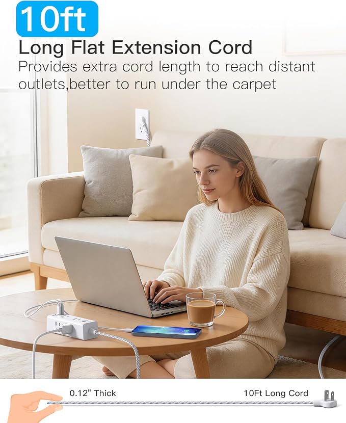 Flat Plug Extension Cord 10Ft, One Beat Surge Protector Power Strip 10 Ft Cord - Image 2