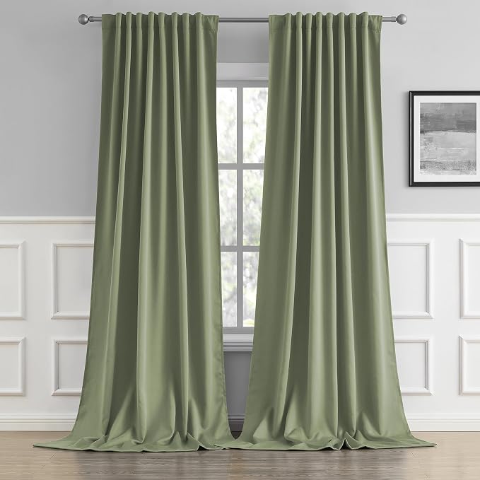 Light Sage Green Curtains 120 Inches Long Back Tab/Rod Pocket Room Darkening by DUALIFE