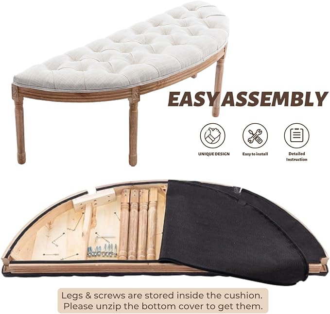 chairus 55" Button Tufted Semi-Circle Dining Bench Linen Halfmoon Entryway - Image 7