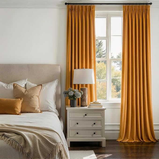 96 Inch Long Mustard Yellow Velvet Pleated Curtains 2 Panels Heavy Thick Velvet - Image 6