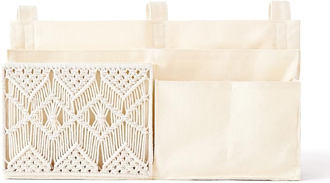 Mkono Bedside Caddy, Macrame Bunk Bed Hanging Organizer, 7 Pockets Ivory | Dorm - Image 9