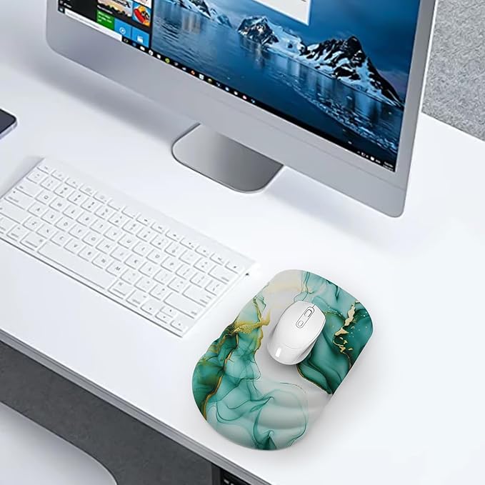 Mouse Pad Wrist Wrist Rest, Comfortable Memory Foam Wrist Rest, Non-Slip PU Base, Ergonomic Wrist Support and Arm Rests for Gaming, Office, Computer Use, Relieve Typing Pain-（Green Marble）