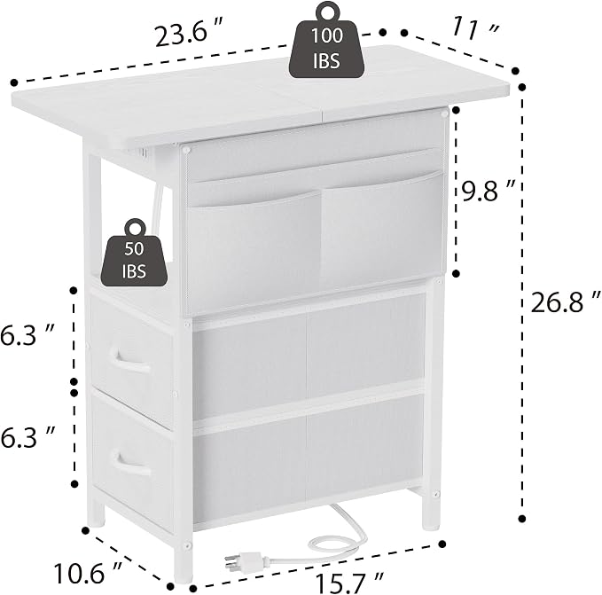 Yenlure Small Side Table with Charging Station, Narrow Nightstand Bedside - Image 3