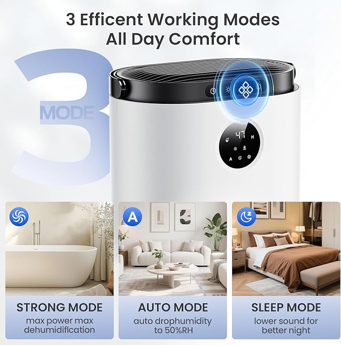 Dehumidifier for Home, 68 OZ Water Tank Dehumidifiers for Bathroom, Bedroom, Living room with, Auto Humidity Control, Digital Display, 7 Color Breathing Light, White