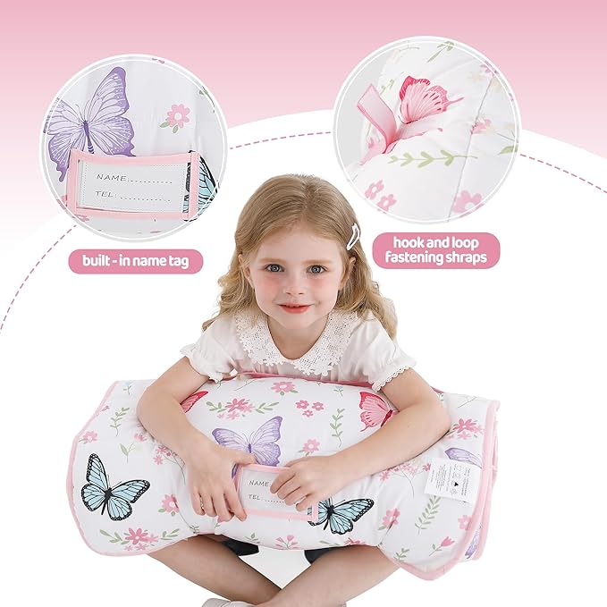 Viviland Toddler Kid Nap Mat for Preschool, White Butterfly Slumber Bag, Daycare Sleeping Bag with Pillow and Blanket, Kindergarten Sleep Mat