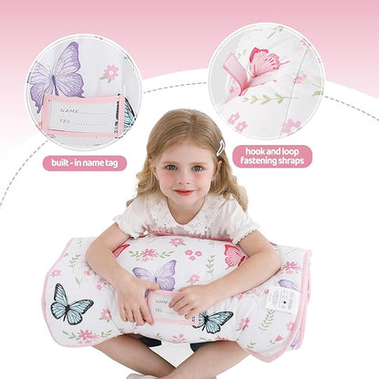 Viviland Toddler Kid Nap Mat for Preschool, White Butterfly Slumber Bag, Daycare Sleeping Bag with Pillow and Blanket, Kindergarten Sleep Mat