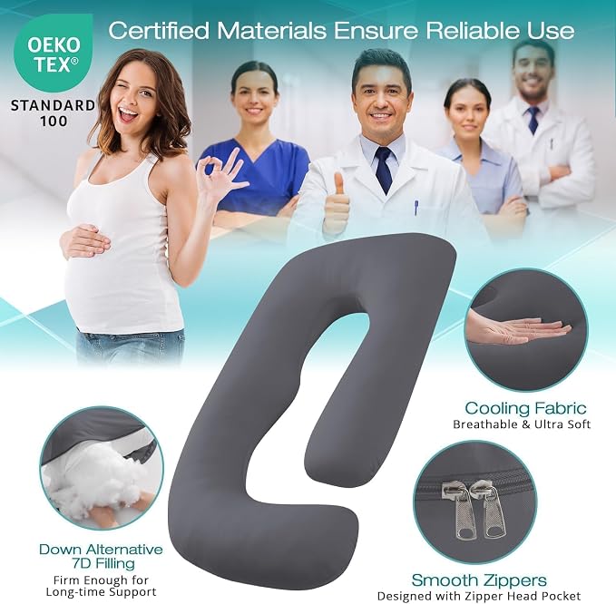 Cooling Pregnancy Pillows for Sleeping, Dark Grey | Sasttie Maternity Pillow - Image 3