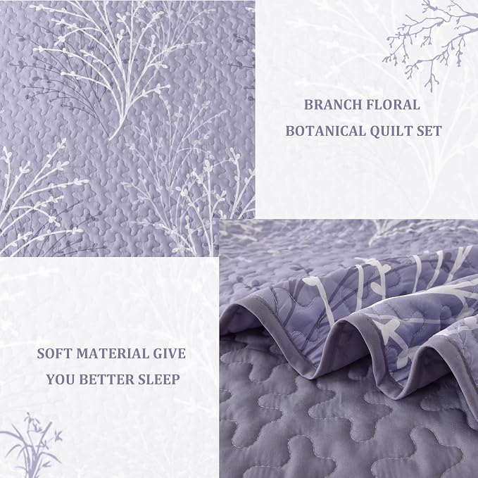 DJY Purple Quilt Set Queen Size Branch Botanical Bedspread Coverlet Set | 3 - Image 5