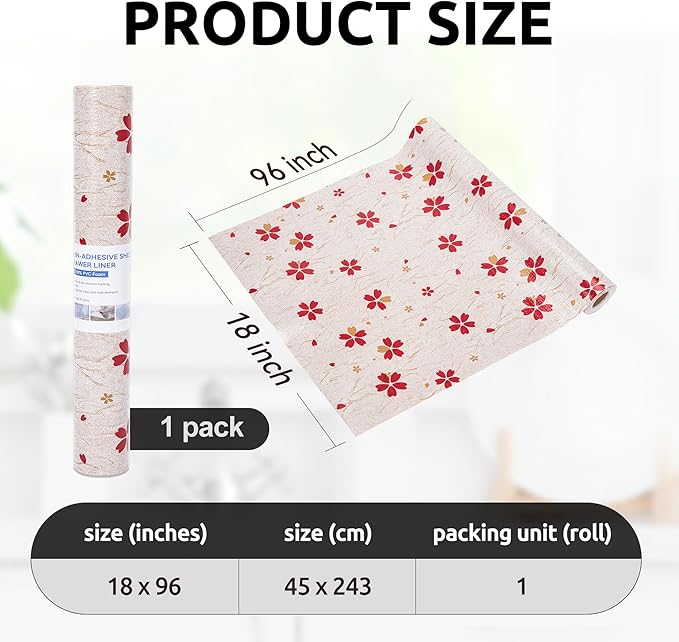 RAY STAR 18X96 Inch Shelf Liner for Kitchen Cabinets, Non-Adhesive Cabinet Liner Washable, PVC Drawer Liner for Dresser Non-Slip Bathroom (Red Floral)(1 Roll)