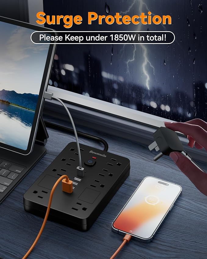 Bawmwim Surge Protector Power Strip - 8 Outlets(1850W/15A) with 6 USB Ports（2 USB C, 6FT Flat Plug Extension Cord, Wall Mount Multi Plug Outlet Extender, ETL Listed for Home, Dorm Room, Black