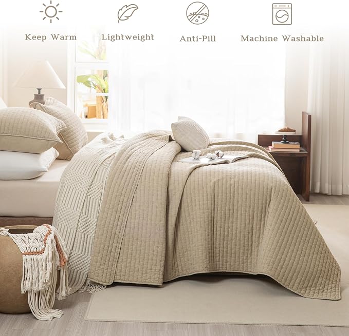 CozyTide Oversized Queen Bedspread 102"x118", Wheat Stone-Washed Cotton - Image 2
