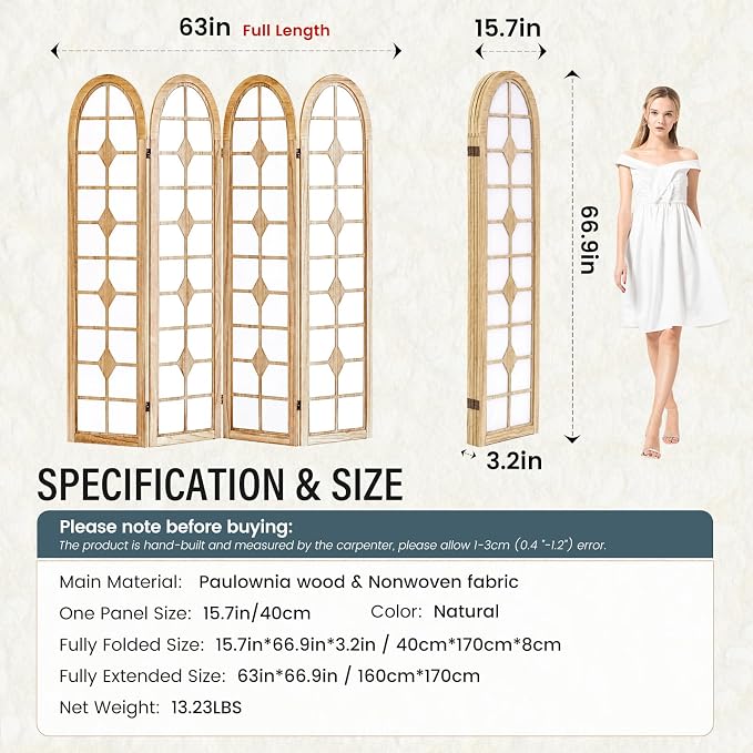4 Panel Shoji Room Divider, Wood Folding Privacy Screen, Natural | Wood Room - Image 6