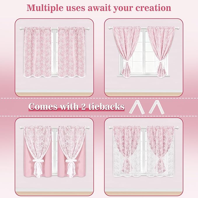 Yinhua Pink Kitchen Curtains 36 Inch Length Double Layer Blackout Cafe Curtains - Image 7