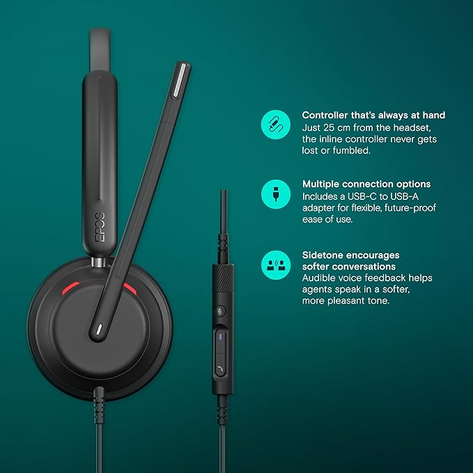EPOS IMPACT 760T Dual-Sided Wired Headset for PC with Noise-Canceling Mic, Microsoft Teams Certified USB C and USB A, In-Line Controls, Super Wideband Audio, Comfortable for Office Calls & Remote Work