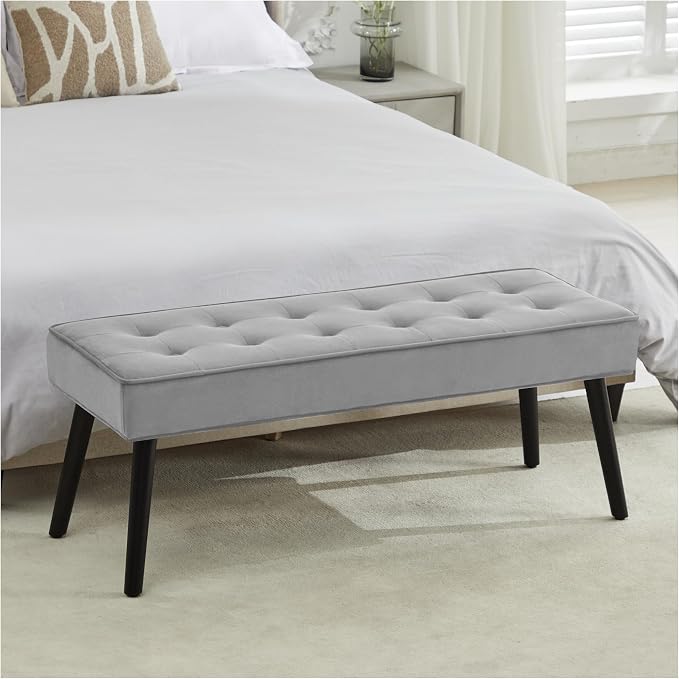 LOULENS Entryway Bench, Light Grey | Wood Legs, Button Tufted, Upholstered Bench by LOULENS