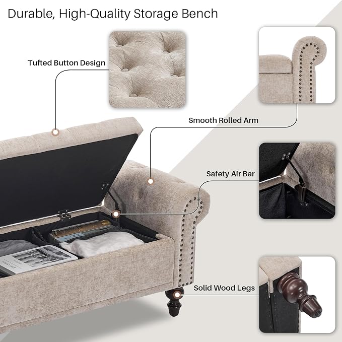 SOFTHION 67" Storage Bench for Bedroom, Chenille Upholstered, Light Brown | - Image 4