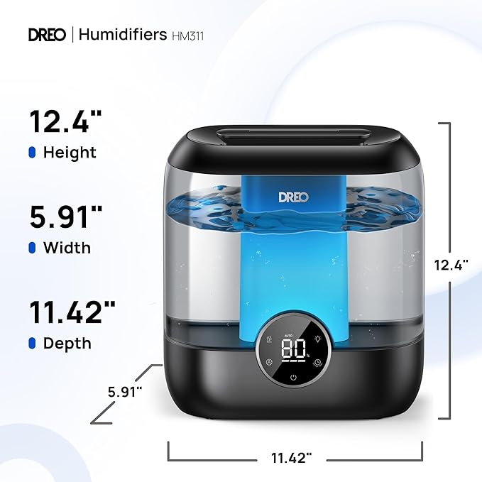 DREO 6L Top Fill Humidifiers for Bedroom, 60H Runtime 28 dB Quiet Supersized Cool Mist Air Humidifiers for Large Room, Baby Nursery, Plant, Indoor, Night Light, Easy to Clean, Precise Humidity Control