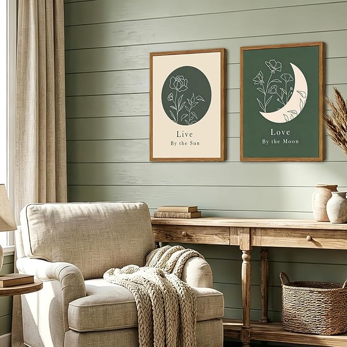 Framed Boho Sun and Moon Wall Art Set of 2, Sage Green Floral Line Pictures - Image 7
