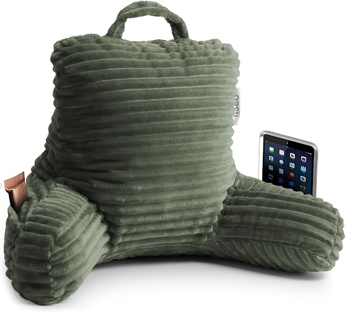 Nestl Reading Pillow for Kids & Teens with Shredded Memory Foam, Luxe Cut Plush Backrest Pillows for Reading and Gaming, for use on Couch or Bed, Adjustable Support with Washable Cover Olive Green