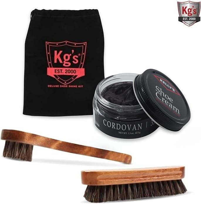 Kg's Shoe Shine Kit Includes Polish, Horsehair Brush, Applicator, and Storage Bag