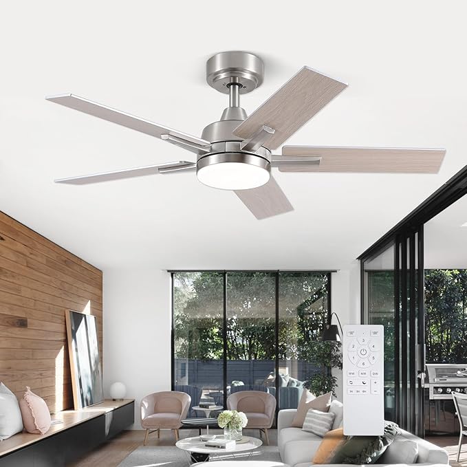 SODSEA Ceiling Fans with Lights, 42 Inch Nickel Ceiling Fan with Light and Remote Control, Reversible, 3CCT, Dimmable, Noiseless, Small Ceiling Fan for Bedroom, Indoor/Outdoor Use