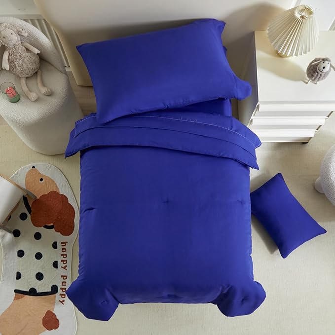 Toddler Bedding Set - 5 Piece Soft and Breathable Toddler Bed Set for Boys and Girls, Includes Quilted Comforter, Fitted Sheet, Flat Top Sheet, Standard Pillowcase and Toddler Pillowcase, Navy