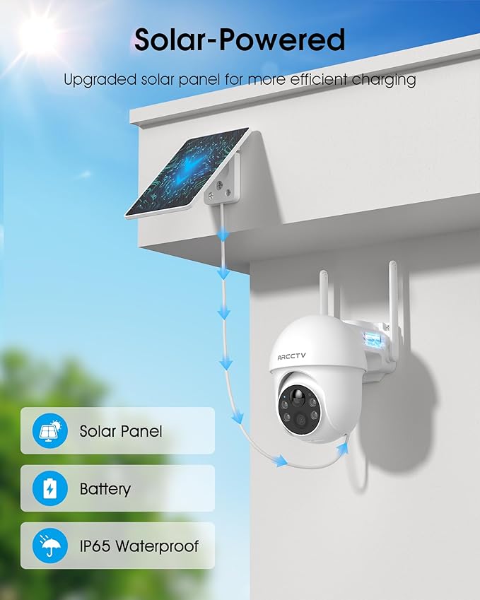 ARCCTV Solar Security Cameras Wireless Outdoor, 4MP 360° View Battery Powered Outdoor Camera, Night Vision with Spotlight, 2-Way Audio, PIR Motion Sensor, 2.4G/5G Dual Band WiFi, SD/Cloud Storage