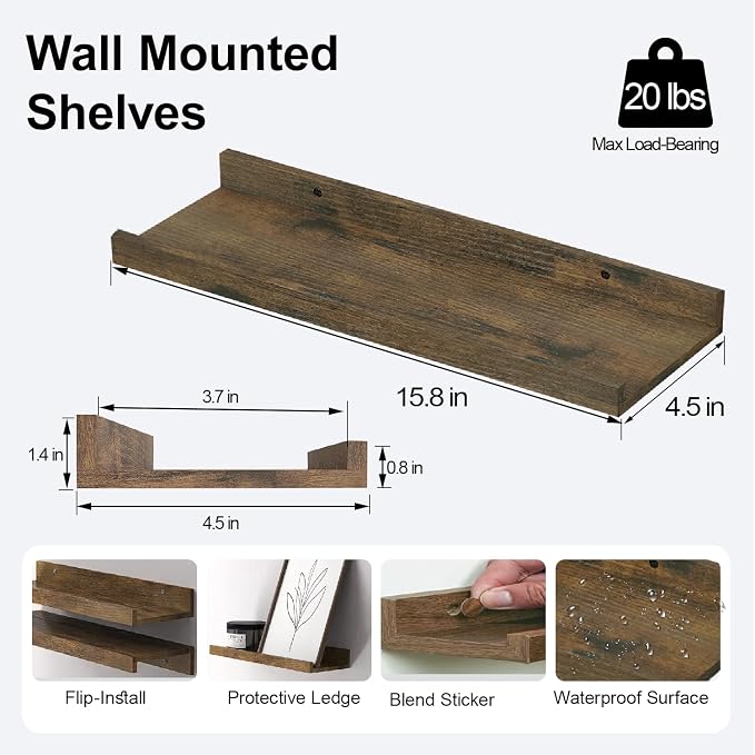 Brown Floating Shelves for Wall Decor, 16 in Shelf - Image 3