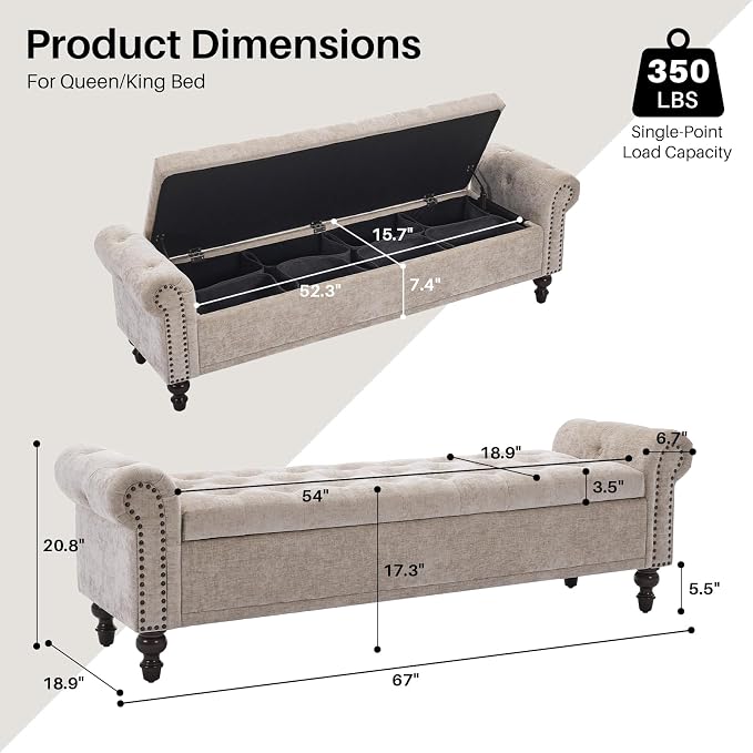 SOFTHION 67" Storage Bench for Bedroom, Chenille Upholstered, Light Brown | - Image 2