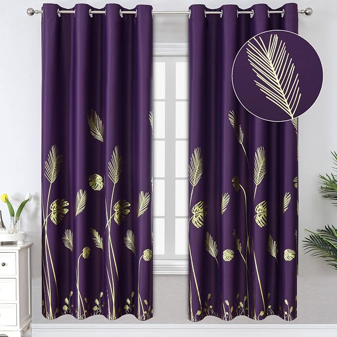 Purple Blackout Curtains for Bedroom, Room Darkening Gold Palm Tree Pattern by ESTELARTEXTILER