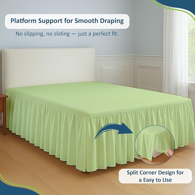 Rajlinen Ruffled Bed Skirt Full XL, 10 Inch Drop Dust Ruffle with Split Corners, 100% Microfiber Bedskirt with Platform, Three-Sided Coverage Ruffled Gathering Design, Sage