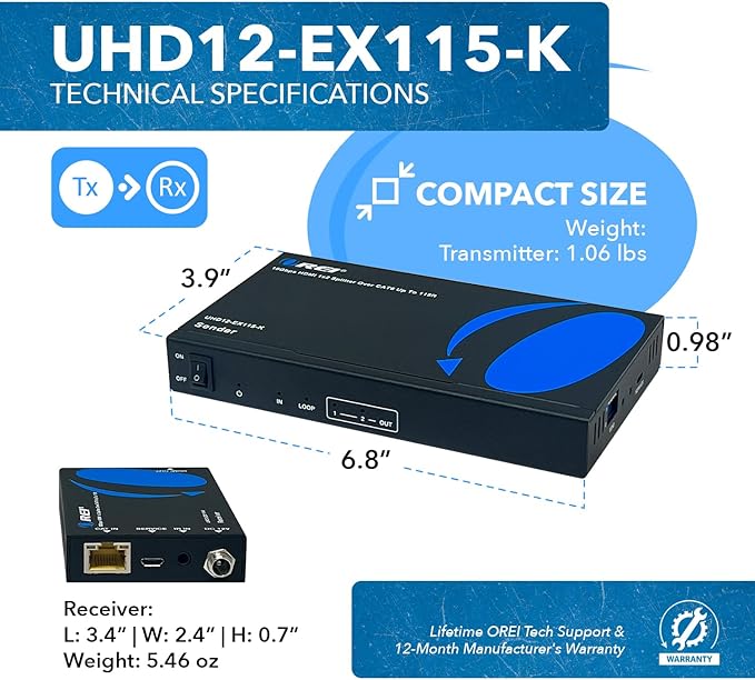 OREI 1x2 HDMI Extender Splitter 4K by Multiple Over Single Cable CAT6/7 4K@60Hz 4:4:4 HDCP 2.2 with IR Remote EDID Management - Up to 115 Ft - Loop Out - Low Latency - Full Support