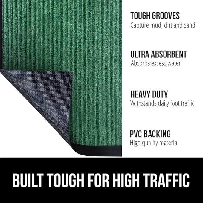 GORILLA GRIP Waterproof Traffic Guard Door Mat, 47x35, Heavy Duty Entryway Mats, Strong Rubber Back Commercial Utility Rugs for Office Hallway, Garage Floor and Home, Low Profile Carpet Runner, Green