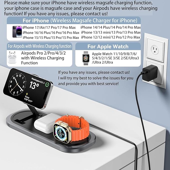 3 in 1 Fast Wireless Charger Stand for iPhone, Foldable Travel Charging Station for Magsafe for iPhone 17/Air/16/15/14/13/12 Series, Apple Watch Serie, AirPods pro/2/3/4, 2025 Christ mas Gifts (Black)