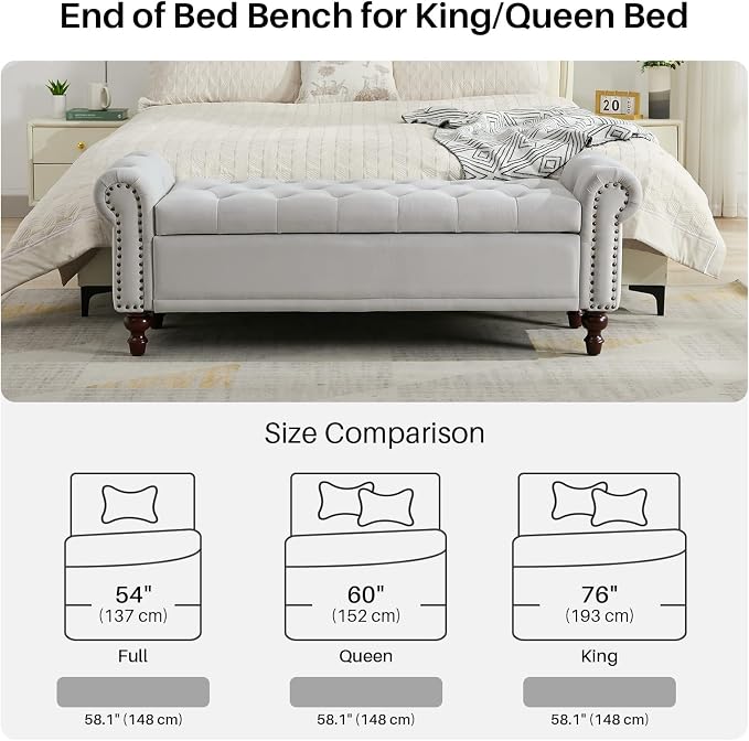 SOFTHION 58.1" Storage Bench for Bedroom, Velvet Upholstered, Light Grey | End - Image 5
