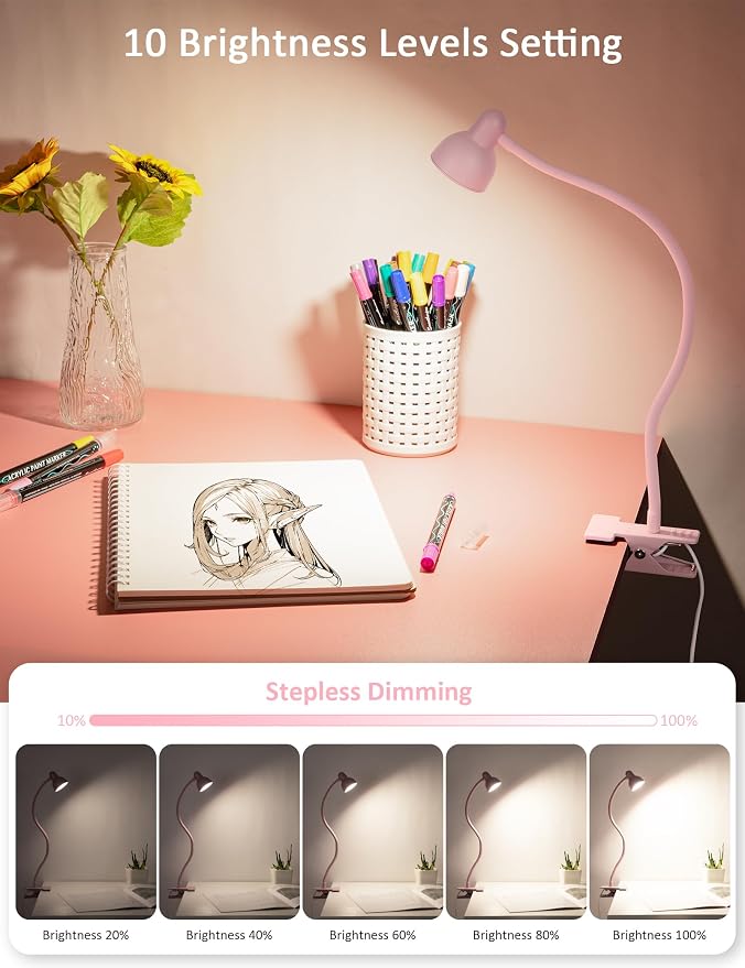 Pink Small Desk Lamp Clip on Reading Light - Image 2