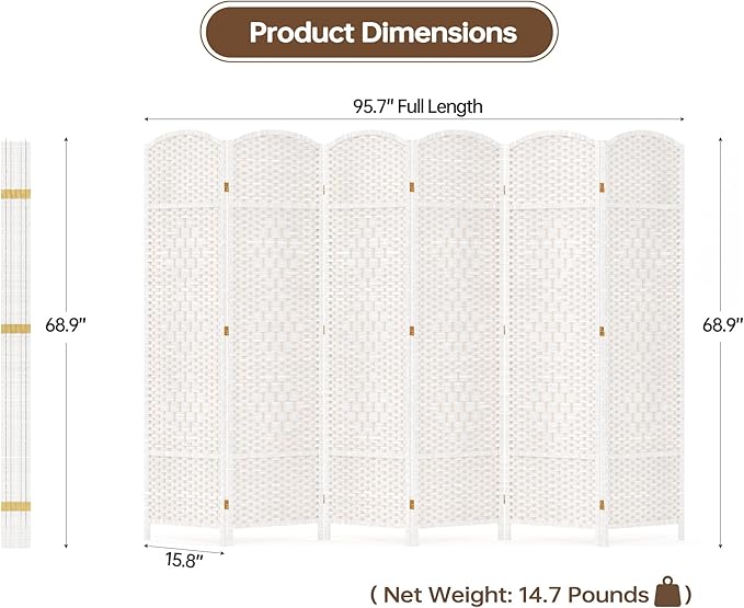 6 Panel Room Divider, 6 FT Wide Folding Screen Room Divider, Off White | Double - Image 8
