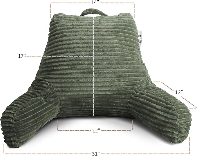 Nestl Reading Pillow with Shredded Memory Foam, Luxe Cut Plush Back Pillow for Sitting Up in Bed, Back and Arms Adjustable Support for Adult & Teens, Backrest Pillows with Washable Cover Olive Green