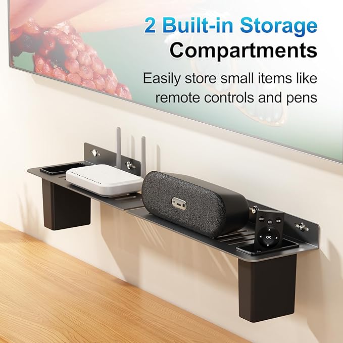 BYMECOST Heavy-Duty Steel Soundbar Mount Under TV with 2 Storage Boxes, Universal 88 Lbs Fit for Large Sound Bars, Sound Bar Wall Mount Bracket Stand Compatible with Samsung/JBL/LG, Complete Hardware