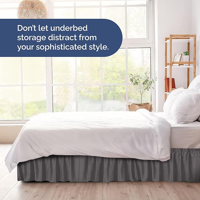 Wrap Around Dust Ruffle Bed Skirt - Dark Grey - for King Size Beds with 15 Inch Drop - Elastic Strap - Adjustable Pleated Bedskirt with Brushed Fabric and Wrinkle Free - for Women, Men, Kids & Teens