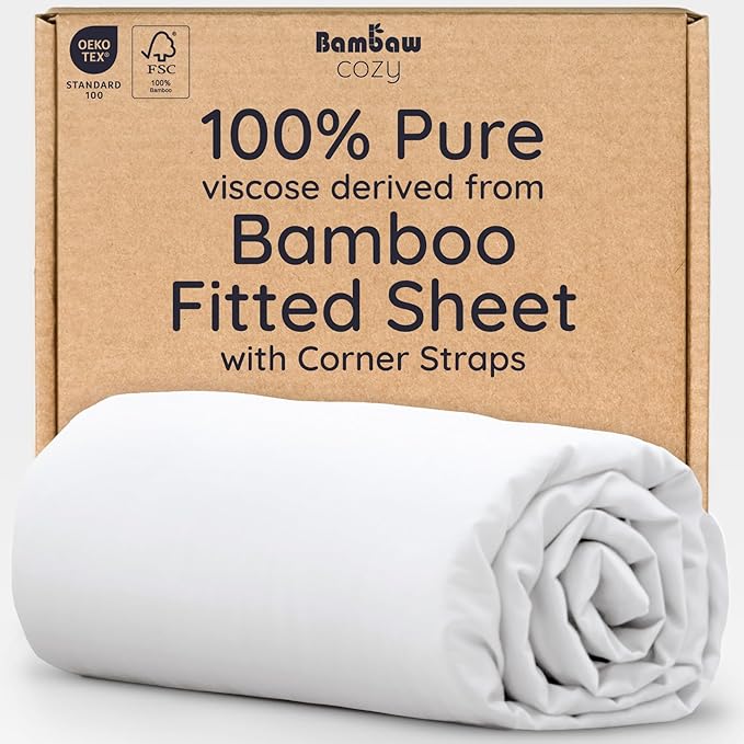 Bambaw Full White Fitted Sheet Only, 100% Viscose Derived from Bamboo Full Size, Cooling Fitted Sheet with Corner Straps, Soft (White)