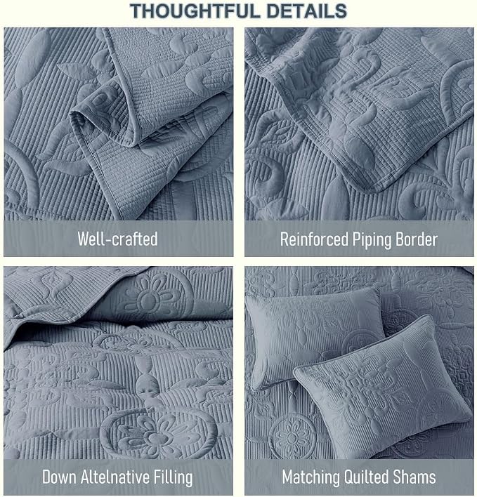 B2EVER Blue Damask Quilt King Size Bedding Sets - Image 6
