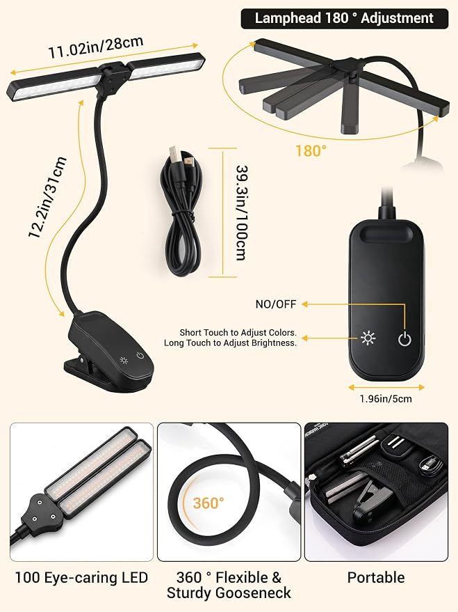 Clip on Light, 100 LEDs+10 Brightness+5 Colors Foldable Music Stand Light | - Image 8