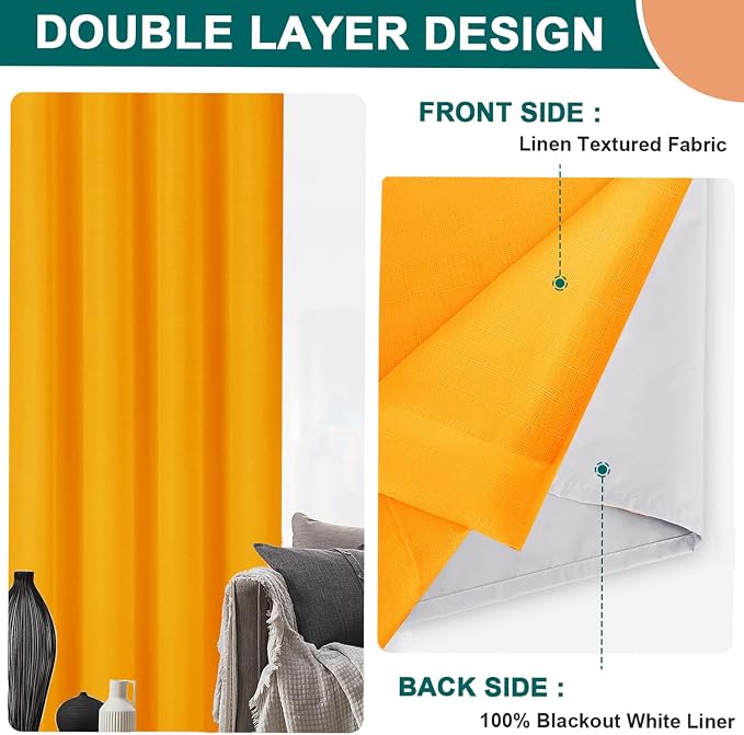 Diraysid 100% Blackout Curtains Yellow Linen Curtains - Image 7