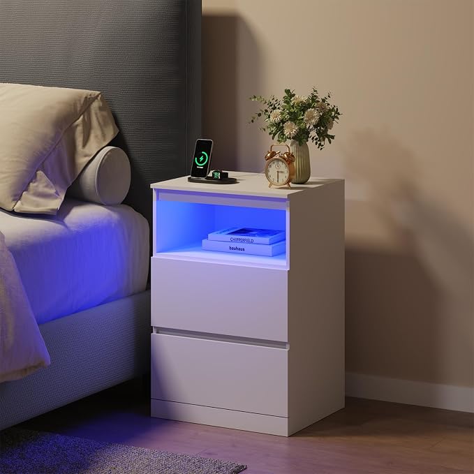 Nightstands Set of 2 with Charging Station, LED Lights, Hidden Drawer, Modern - Image 9