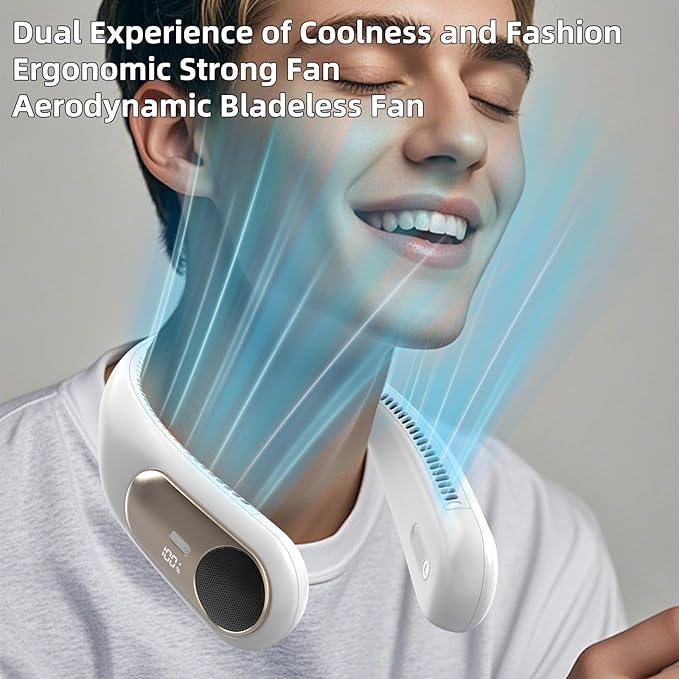 Portable Neck Fan,Personal Wearable Bladeless Fan,LED Display,4-Speeds,6000mAh USB Rechargeable,360° Strong Cooling Wind,Hands Free,White Elephant Gift,Christmas Gifts for Men Women Dad Mom (White)