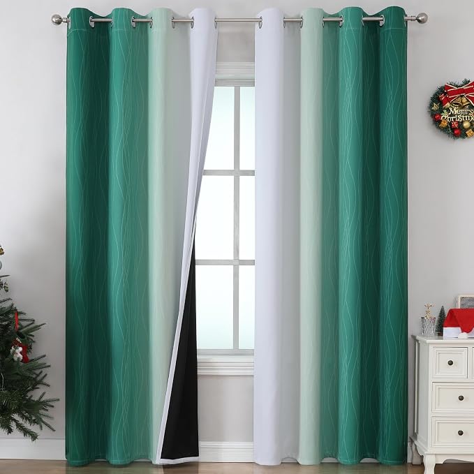 Green and Greyish White Blackout Curtains 52x102 2 Panels | Ombre Curtains by ESTELARTEXTILER