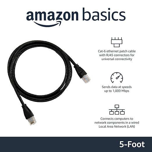 Amazon Basics RJ45 Cat 6 Ethernet Patch Cable, 1Gpbs Transfer Speed, Gold-Plated Connectors, 5 Foot - 10-Pack, Black