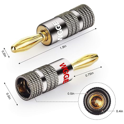 WGGE WG-029 Banana Plugs Audio Jack Connector, 24k Gold Dual Screw Lock Speaker Connector for Speaker Wire, Wall Plate, Home Theater, Audio/Video Receiver, and Sound Systems ((6 Pairs (12 Plugs)))